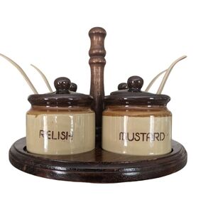 Vintage Stoneware Glazed Condiment Set Mustard Sauce Relish Ketchup Lazy Susan